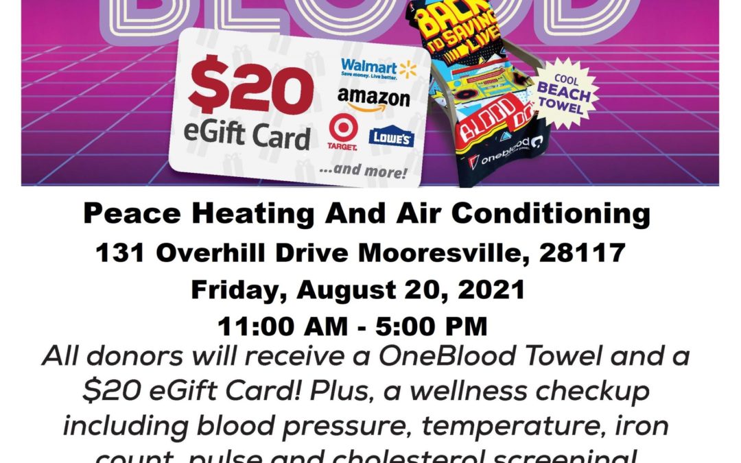 Blood Drive at Peace Heating and Air Conditioning Friday August 20, 11am To 5pm